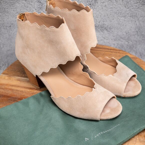 A Anthropologie Bootie Sandals Womens 10 Beige Suede Scalloped Shooties Heels - Picture 1 of 8